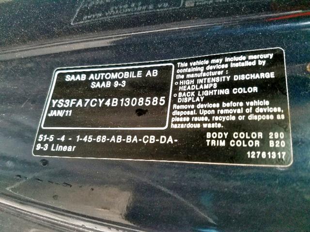 YS3FA7CY4B1308585 - 2011 SAAB 9-3 2.0T BLUE photo 10