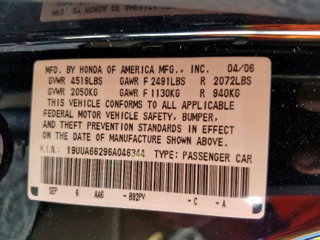 19UUA66296A046344 - 2006 ACURA 3.2TL BLACK photo 10