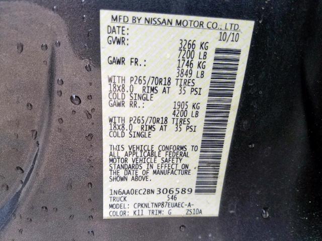 1N6AA0EC2BN306589 - 2011 NISSAN TITAN S GRAY photo 10