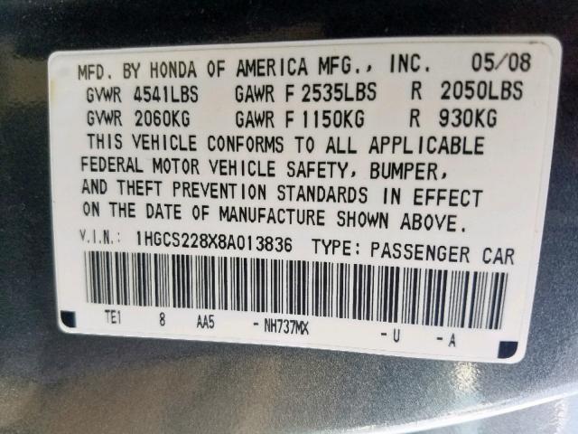 1HGCS228X8A013836 - 2008 HONDA ACCORD EXL GRAY photo 10