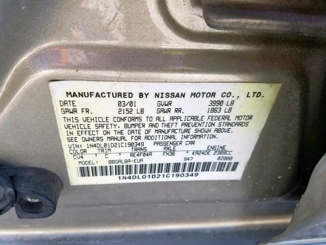 1N4DL01D21C190349 - 2001 NISSAN ALTIMA XE BEIGE photo 10