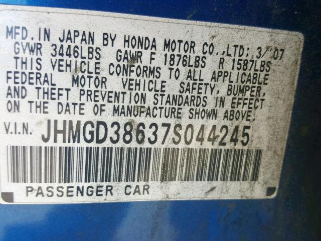 JHMGD38637S044245 - 2007 HONDA FIT S BLUE photo 10