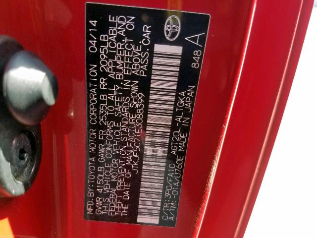 JTKJF5C71E3088399 - 2014 TOYOTA SCION TC წითელი ფოტო 10