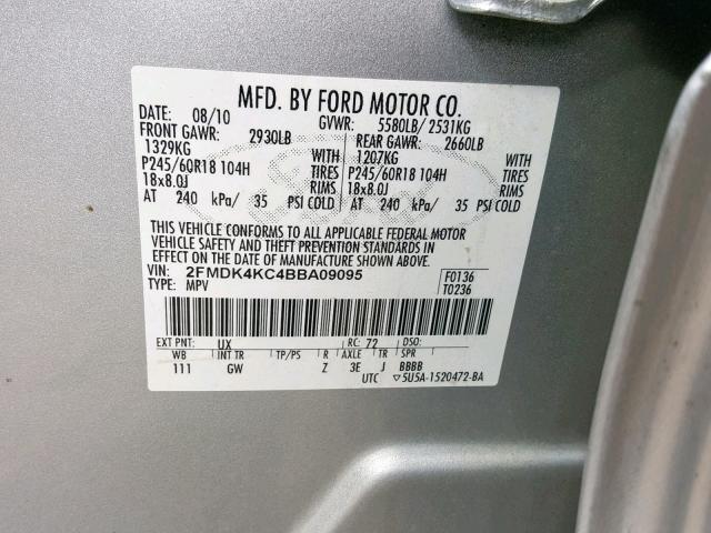 2FMDK4KC4BBA09095 - 2011 FORD EDGE LIMIT SILVER photo 10