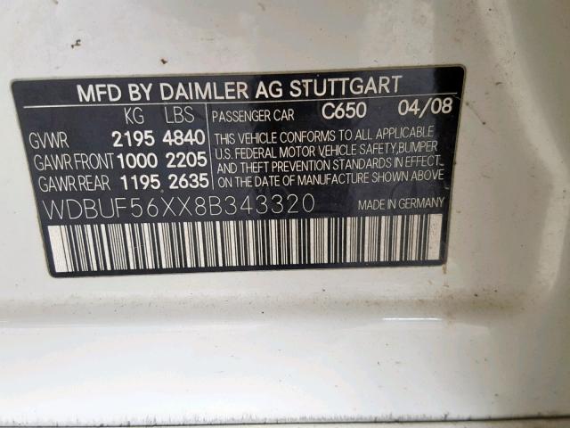 WDBUF56XX8B343320 - 2008 MERCEDES-BENZ E 350 WHITE photo 10