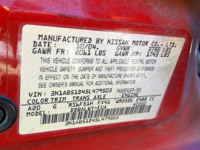 3N1AB51D45L479503 - 2005 NISSAN SENTRA SE- RED photo 10