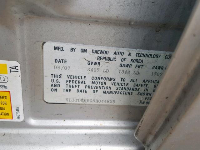 KL1TD56608B044825 - 2008 CHEVROLET AVEO BASE ვერცხლისფერი ფოტო 10