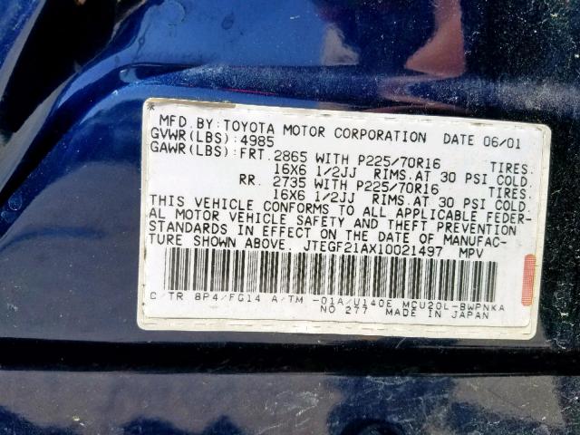 JTEGF21AX10021497 - 2001 TOYOTA HIGHLANDER BLUE photo 10