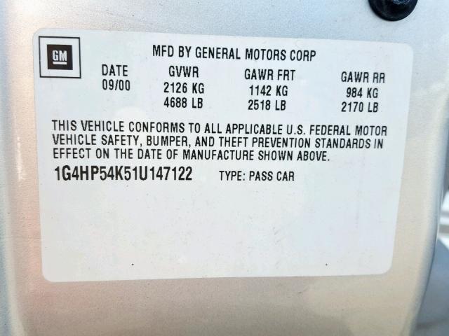 1G4HP54K51U147122 - 2001 BUICK LESABRE CU SILVER photo 10