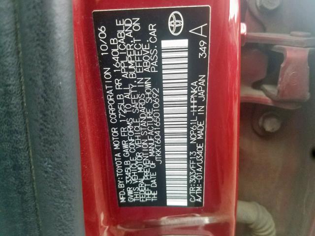 JTKKT604165010692 - 2006 TOYOTA SCION XA RED photo 10