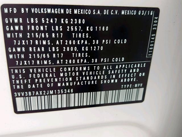 3VV3B7AX2JM135346 - 2018 VOLKSWAGEN TIGUAN SE WHITE photo 10