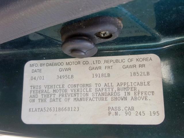 KLATA52631B668123 - 2001 DAEWOO LANOS S GREEN photo 10