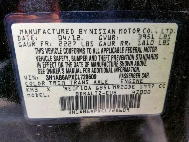 3N1AB6APXCL728609 - 2012 NISSAN SENTRA 2.0 BLACK photo 10