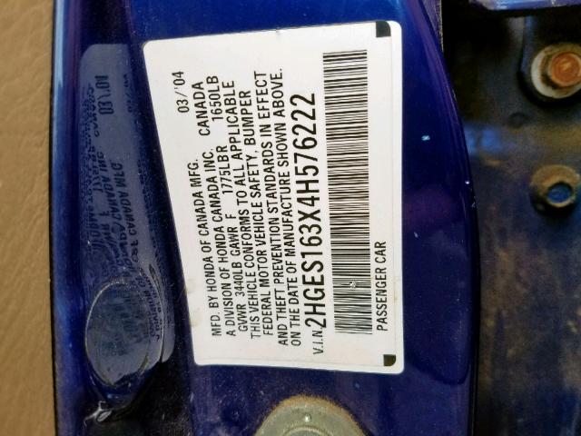 2HGES163X4H576222 - 2004 HONDA CIVIC DX V BLUE photo 10