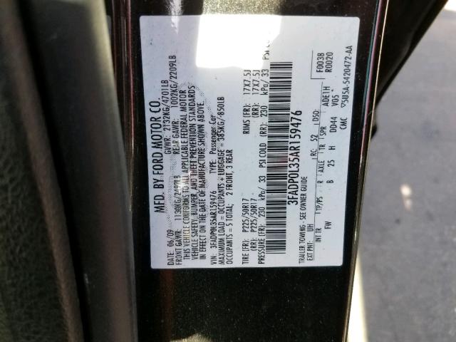 3FADP0L35AR159476 - 2010 FORD FUSION HYB BLACK photo 10