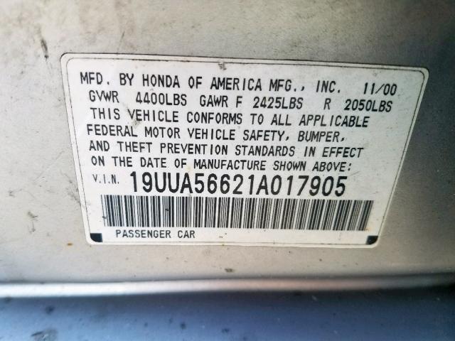 19UUA56621A017905 - 2001 ACURA 3.2TL SILVER photo 10