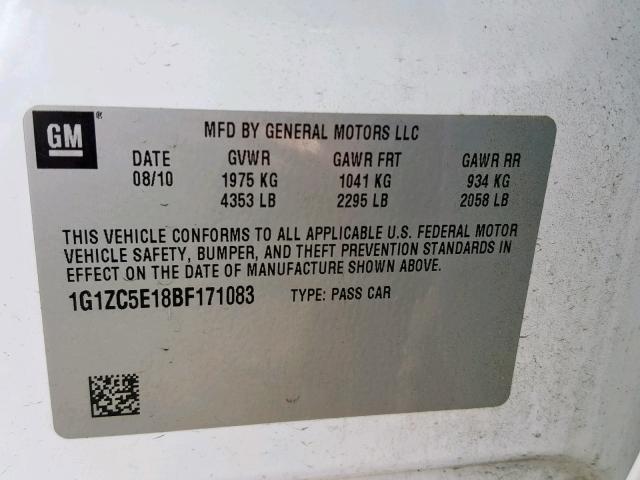 1G1ZC5E18BF171083 - 2011 CHEVROLET MALIBU 1LT 白色 照片 10