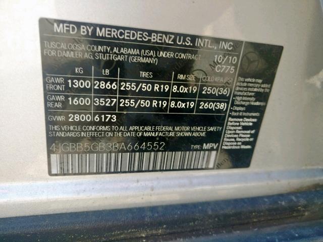 4JGBB5GB3BA664552 - 2011 MERCEDES-BENZ ML 350 SILVER photo 10