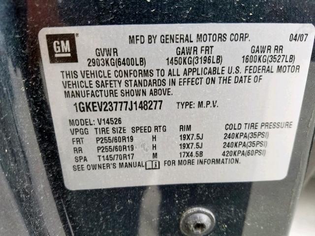 1GKEV23777J148277 - 2007 GMC ACADIA SLT შავი ფოტო 10