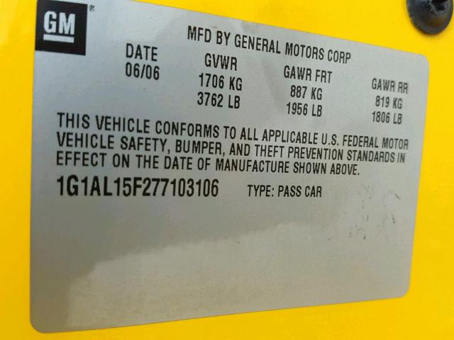 1G1AL15F277103106 - 2007 CHEVROLET COBALT LT YELLOW photo 10