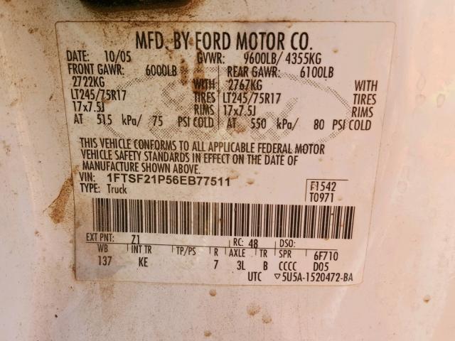 1FTSF21P56EB77511 - 2006 FORD F250 SUPER WHITE photo 10