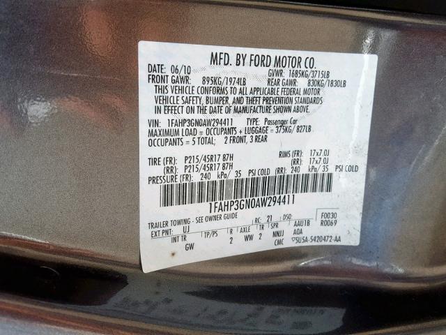 1FAHP3GN0AW294411 - 2010 FORD FOCUS SES GRAY photo 10