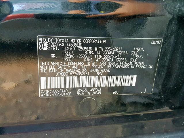 JTMBD31V776052161 - 2007 TOYOTA RAV4 LIMIT BLACK photo 10