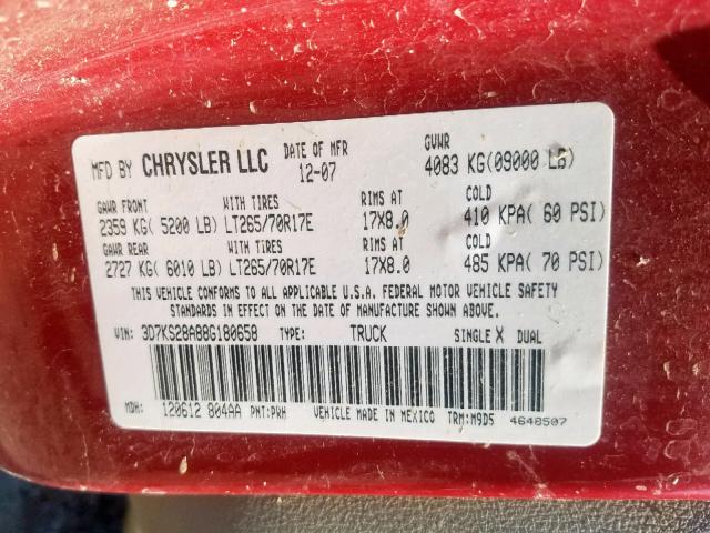3D7KS28A88G180658 - 2008 DODGE RAM 2500 S Կարմիր լուսանկար 10