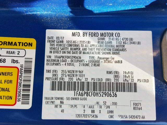 1FA6P8CF0H5290636 - 2017 FORD MUSTANG GT BLUE photo 10