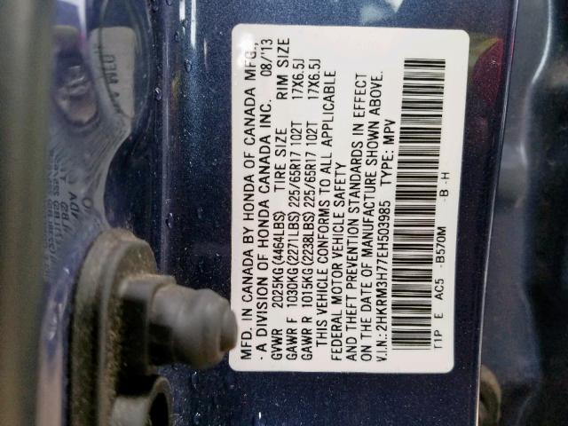 2HKRM3H77EH503985 - 2014 HONDA CR-V EXL BLUE photo 10