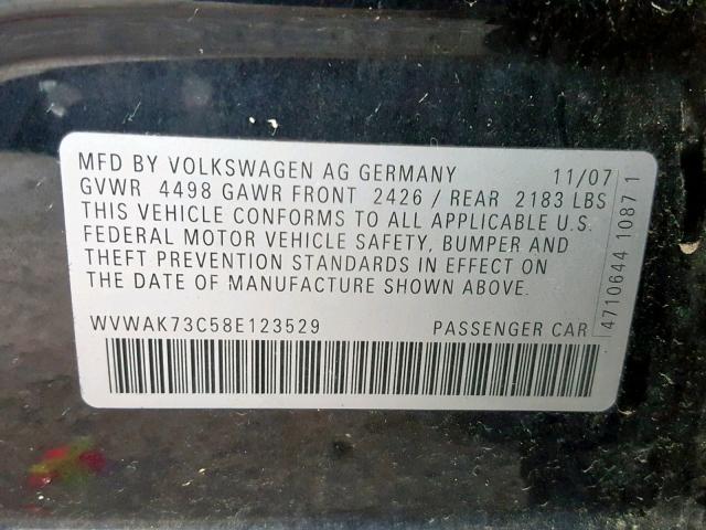 WVWAK73C58E123529 - 2008 VOLKSWAGEN PASSAT KOM BLACK photo 10