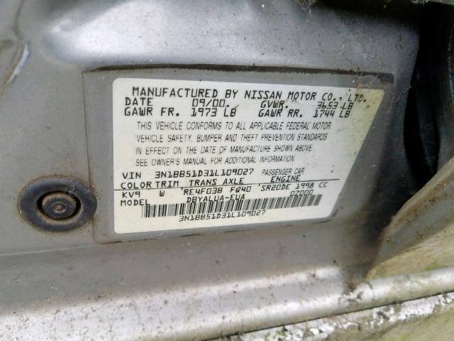 3N1BB51D31L109027 - 2001 NISSAN SENTRA SE SILVER photo 10