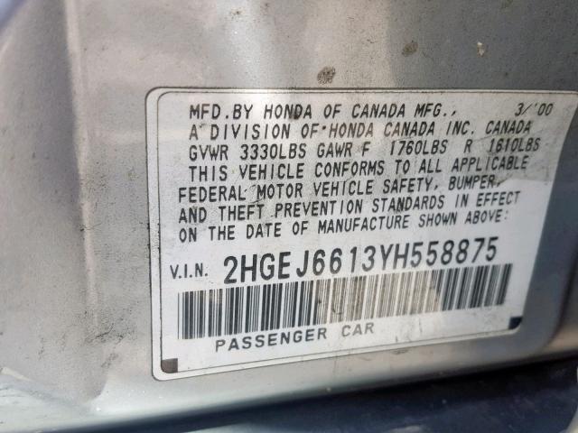 2HGEJ6613YH558875 - 2000 HONDA CIVIC BASE Boz foto 10