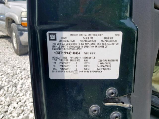 1GKET12PX46140464 - 2004 GMC ENVOY XUV GREEN photo 10