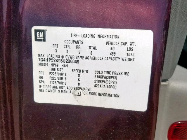 1G4HP52K93U236049 - 2003 BUICK LESABRE CU BURGUNDY photo 10