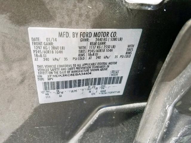 2FMDK3KC8EBA34404 - 2014 FORD EDGE LIMIT GRAY photo 10