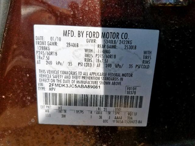 2FMDK3JC5ABA89081 - 2010 FORD EDGE SEL BROWN photo 10