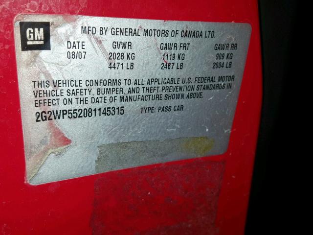2G2WP552081145315 - 2008 PONTIAC GRAND PRIX RED photo 10