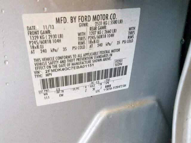 2FMDK4GC7EBA01151 - 2014 FORD EDGE SE SILVER photo 10