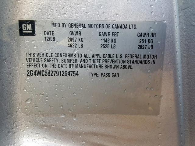 2G4WC582791264754 - 2009 BUICK LACROSSE C SILVER photo 10