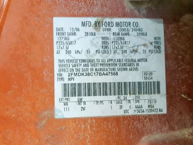 2FMDK38C17BA47568 - 2007 FORD EDGE SEL ORANGE photo 10