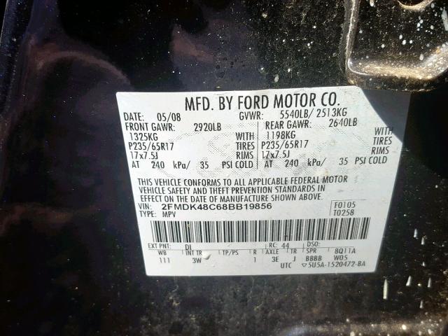 2FMDK48C68BB19856 - 2008 FORD EDGE SEL BLACK photo 10