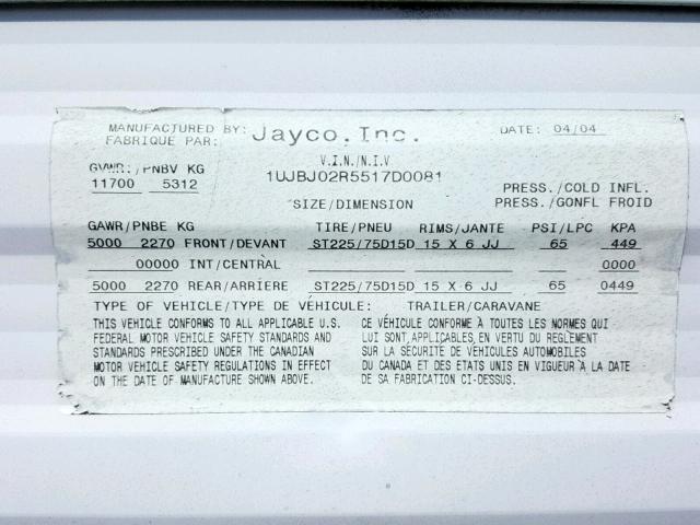 1UJBJ02R5517D0081 - 2005 JAYCO J SERIES  WHITE photo 10