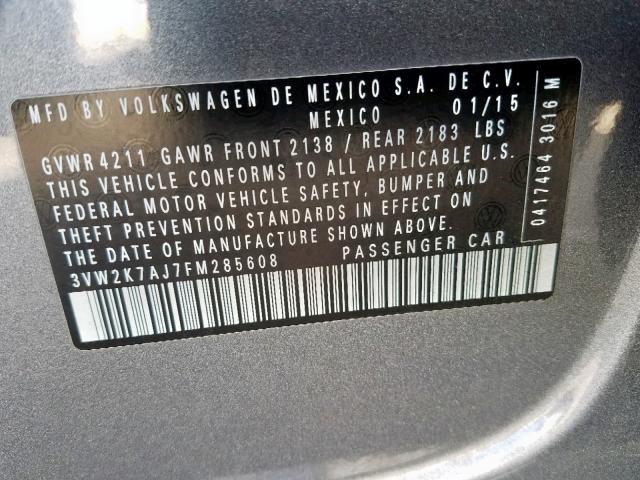 3VW2K7AJ7FM285608 - 2015 VOLKSWAGEN JETTA BASE GRAY photo 10