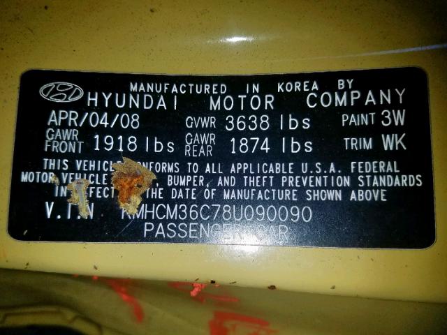 KMHCM36C78U090090 - 2008 HYUNDAI ACCENT GS YELLOW photo 10