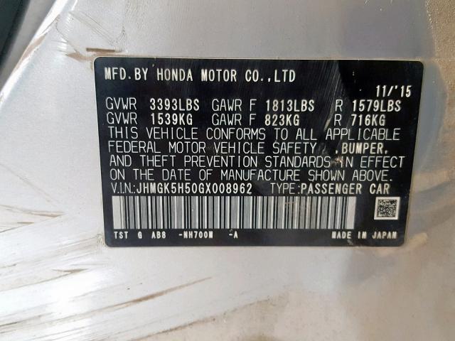 JHMGK5H50GX008962 - 2016 HONDA FIT LX GRAY photo 10