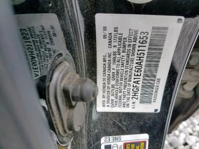 2HGFA1E60AH511653 - 2010 HONDA CIVIC LX-S შავი ფოტო 10