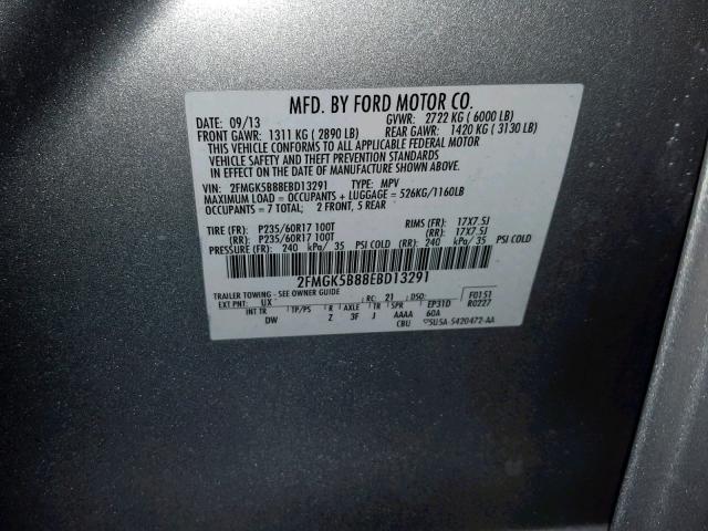 2FMGK5B88EBD13291 - 2014 FORD FLEX SE SILVER photo 10