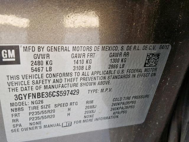 3GYFNBE36CS597429 - 2012 CADILLAC SRX PERFOR 棕色 照片 10