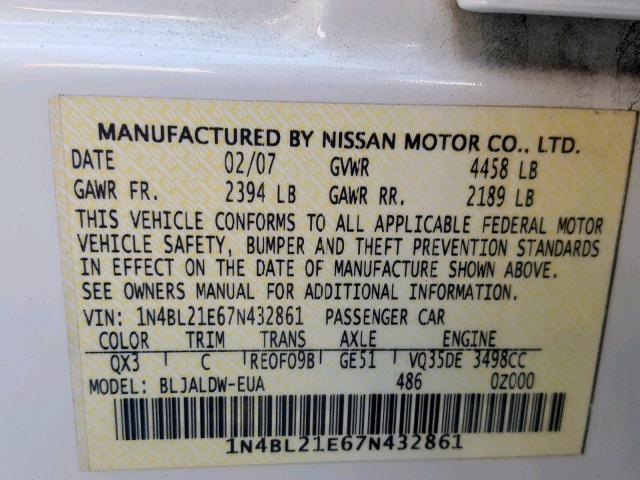 1N4BL21E67N432861 - 2007 NISSAN ALTIMA 3.5 WHITE photo 10